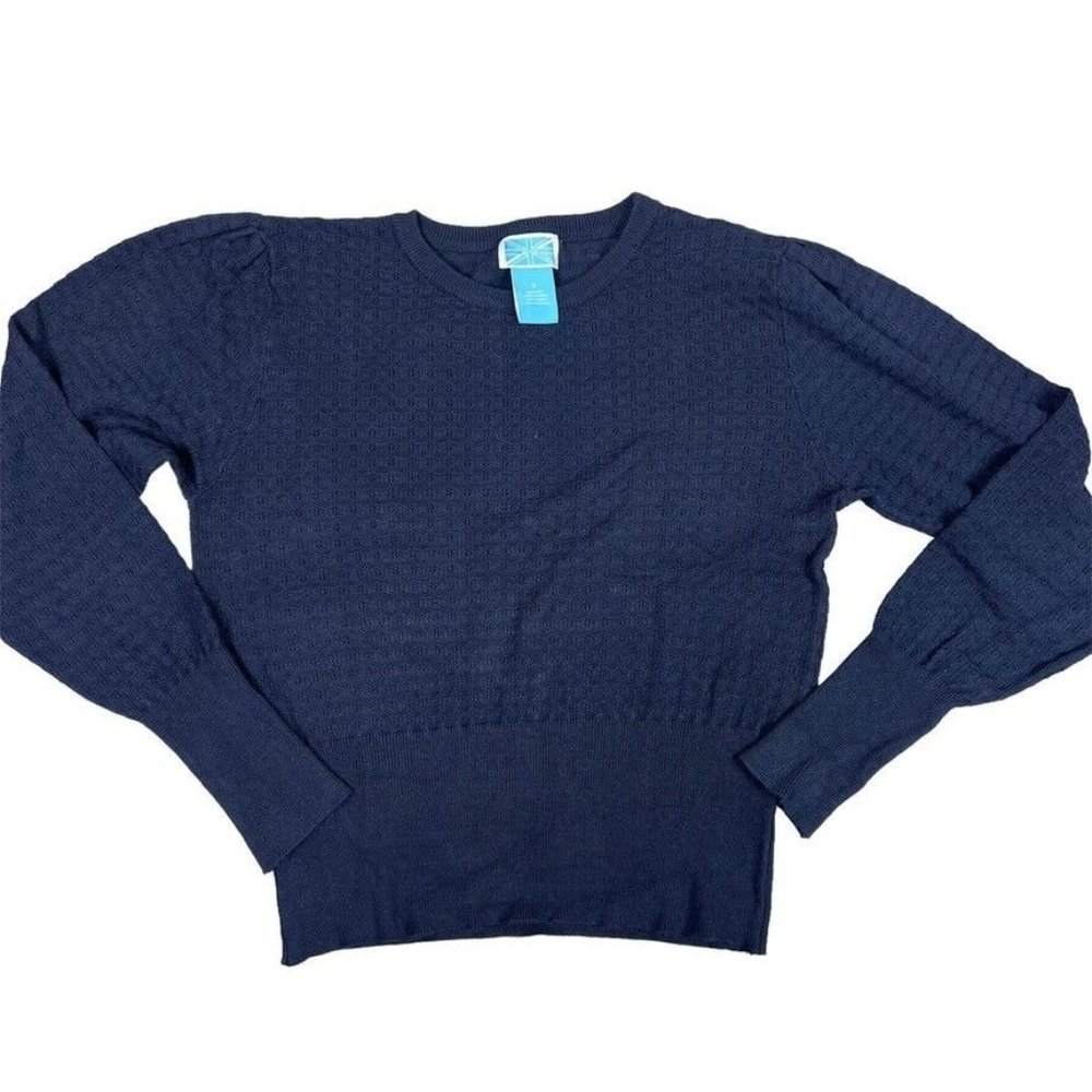 Survival Womens Sweater Size Medium Crochet Leaf Open Knit Navy Blue Long Sleeve